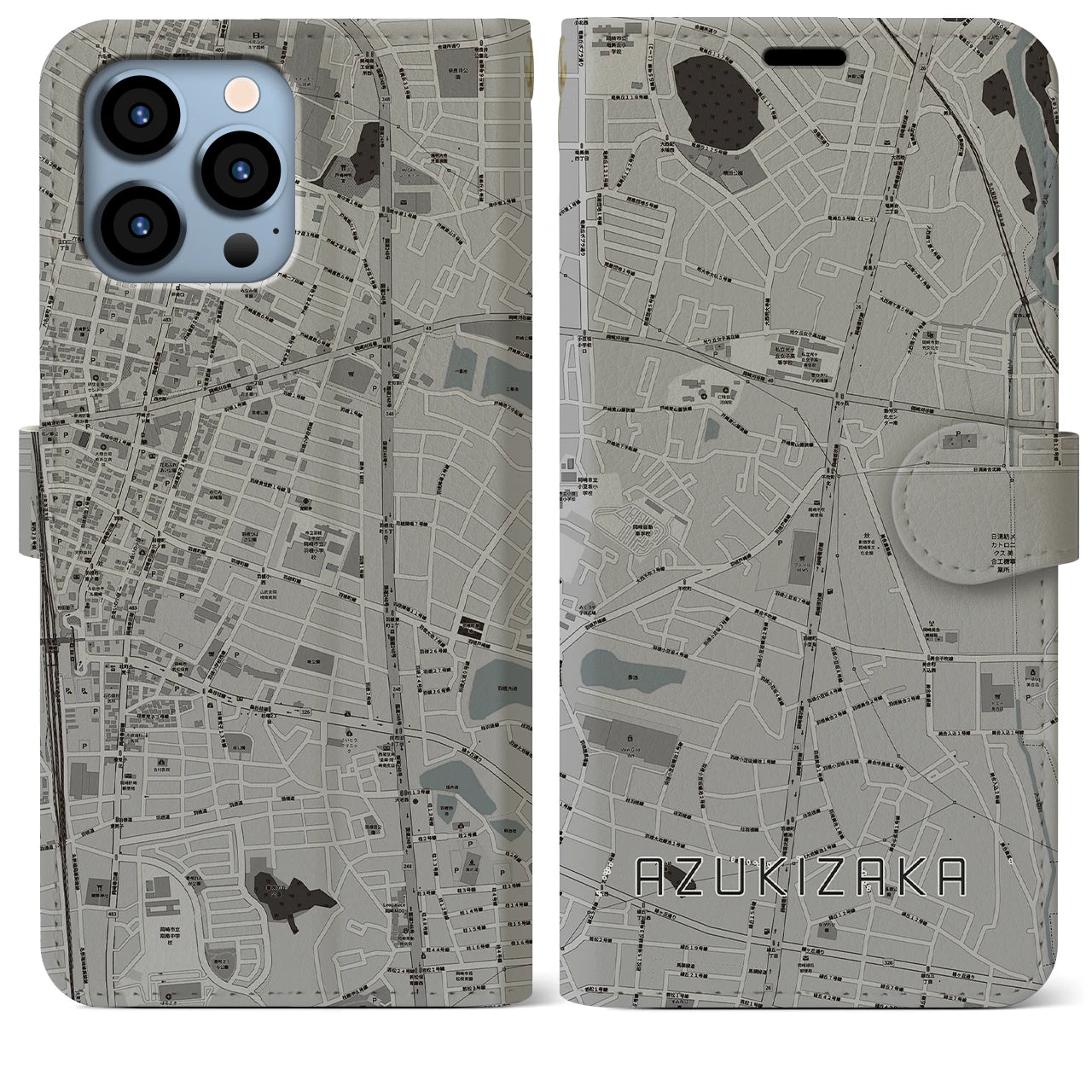 【小豆坂(愛知県)】地図柄iPhoneケース(手帳タイプ)モノトーン・iPhone 13 Pro Max 用