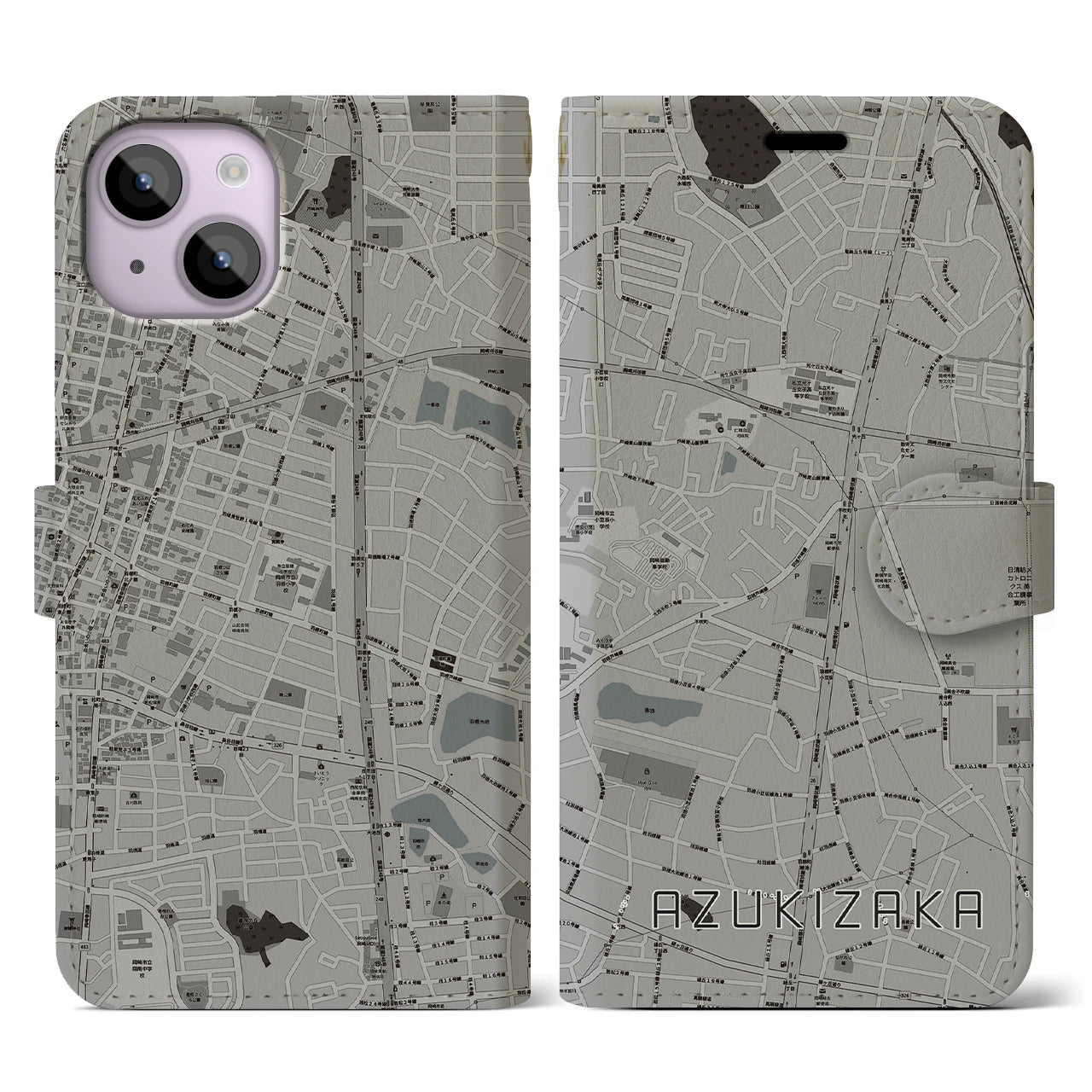 【小豆坂(愛知県)】地図柄iPhoneケース(手帳タイプ)モノトーン・iPhone 14 用