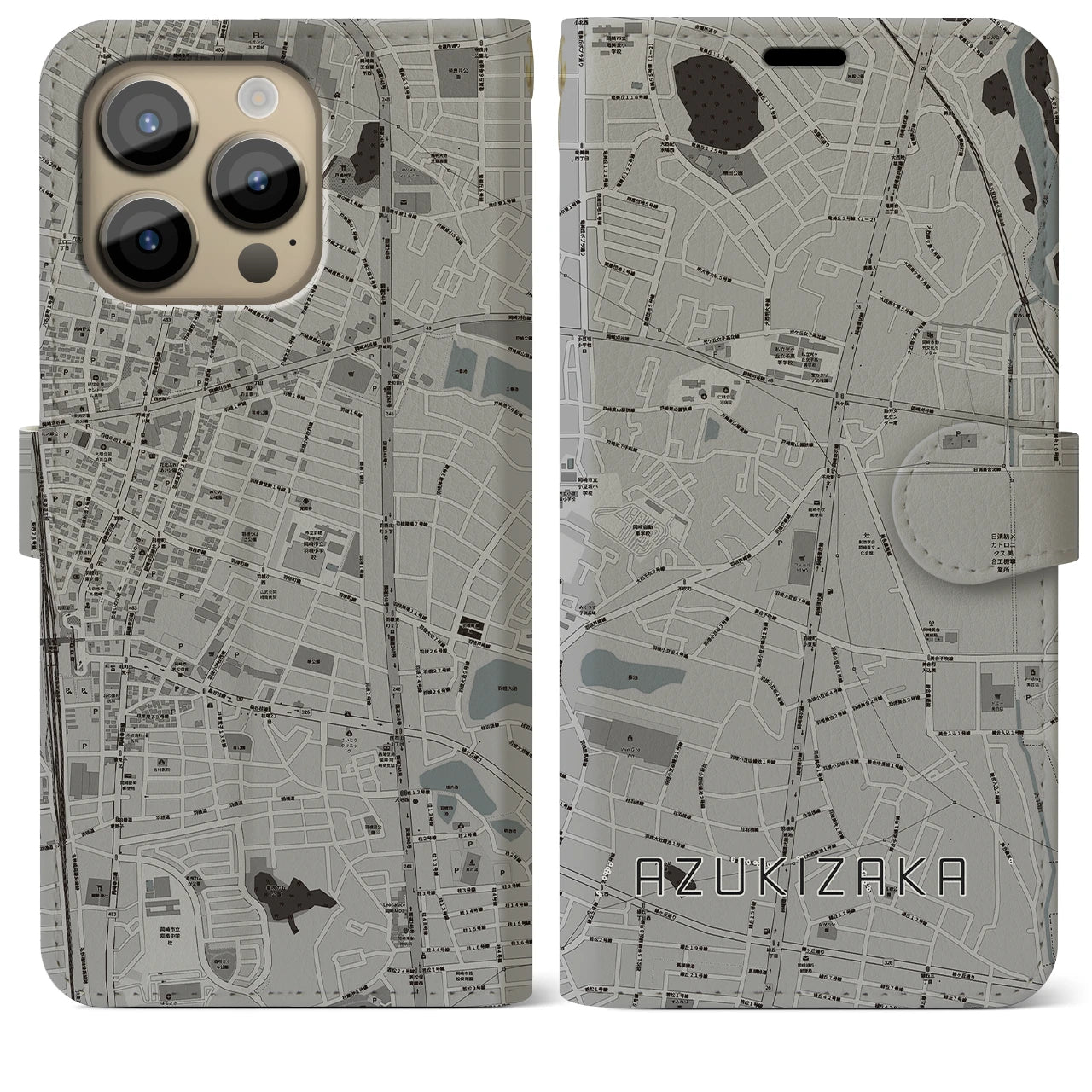 【小豆坂(愛知県)】地図柄iPhoneケース(手帳タイプ)モノトーン・iPhone 14 Pro Max 用