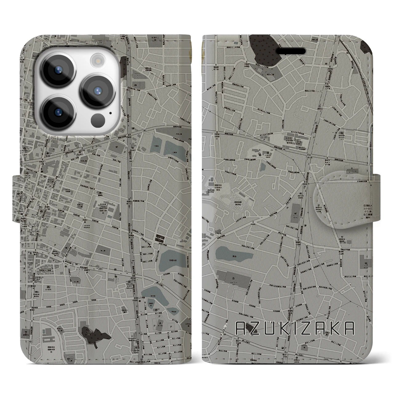 【小豆坂(愛知県)】地図柄iPhoneケース(手帳タイプ)モノトーン・iPhone 14 Pro 用