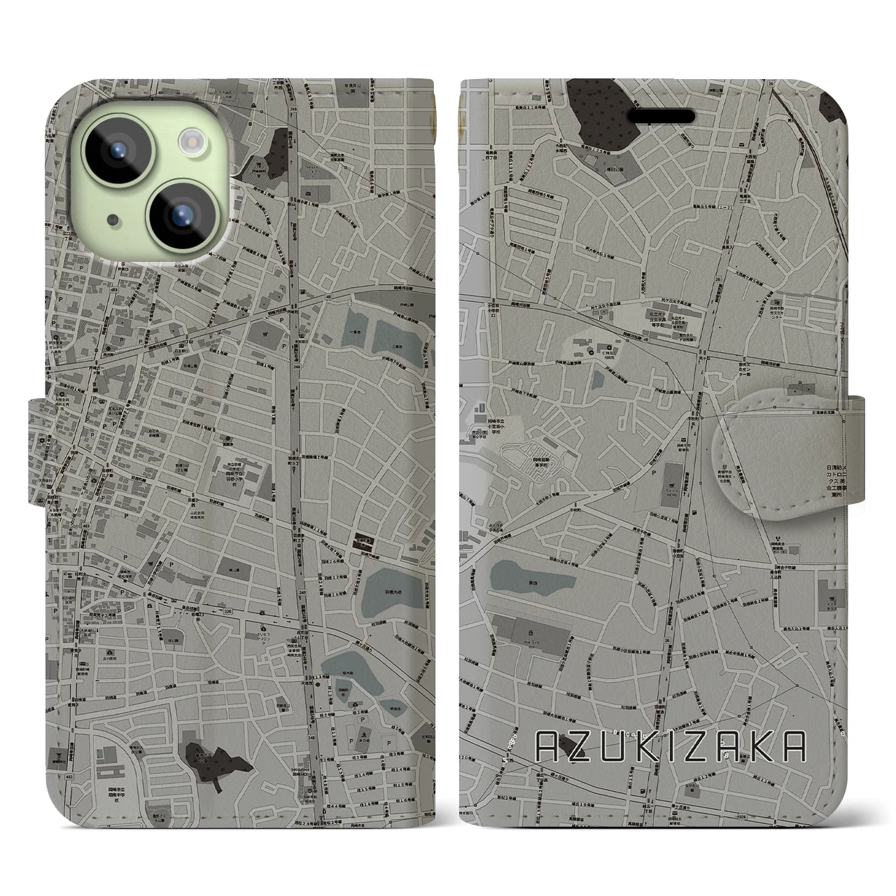 【小豆坂(愛知県)】地図柄iPhoneケース(手帳タイプ)モノトーン・iPhone 15 用