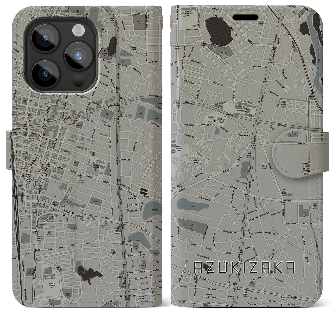 【小豆坂(愛知県)】地図柄iPhoneケース(手帳タイプ)モノトーン・iPhone 15 Pro Max 用