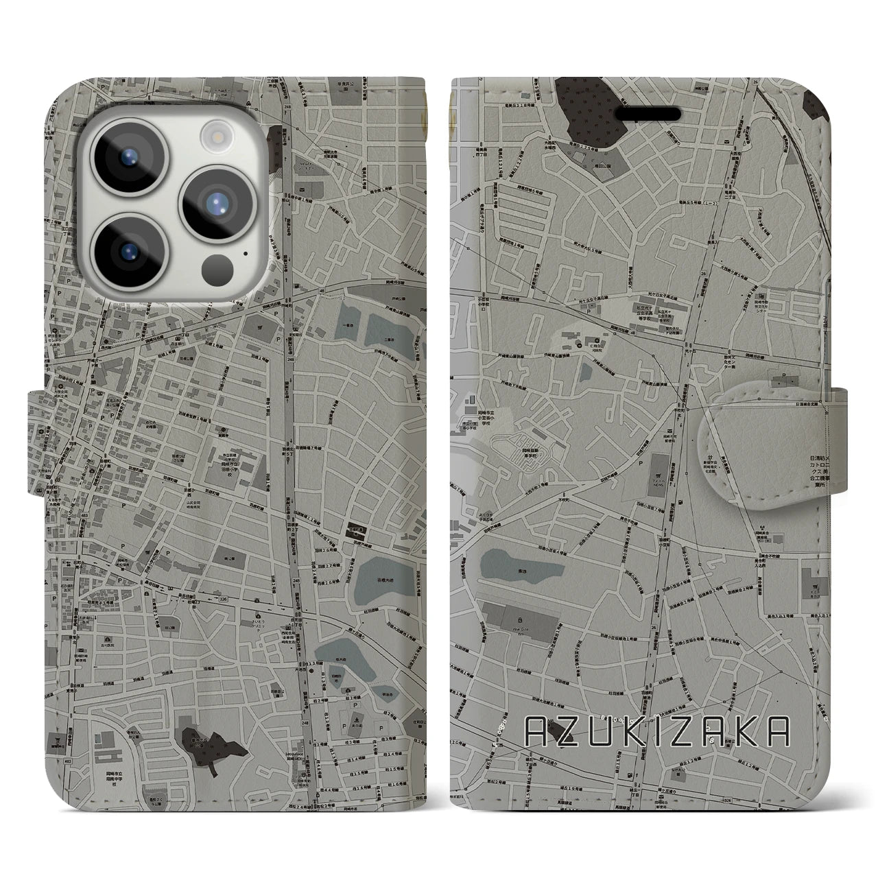 【小豆坂(愛知県)】地図柄iPhoneケース(手帳タイプ)モノトーン・iPhone 15 Pro 用