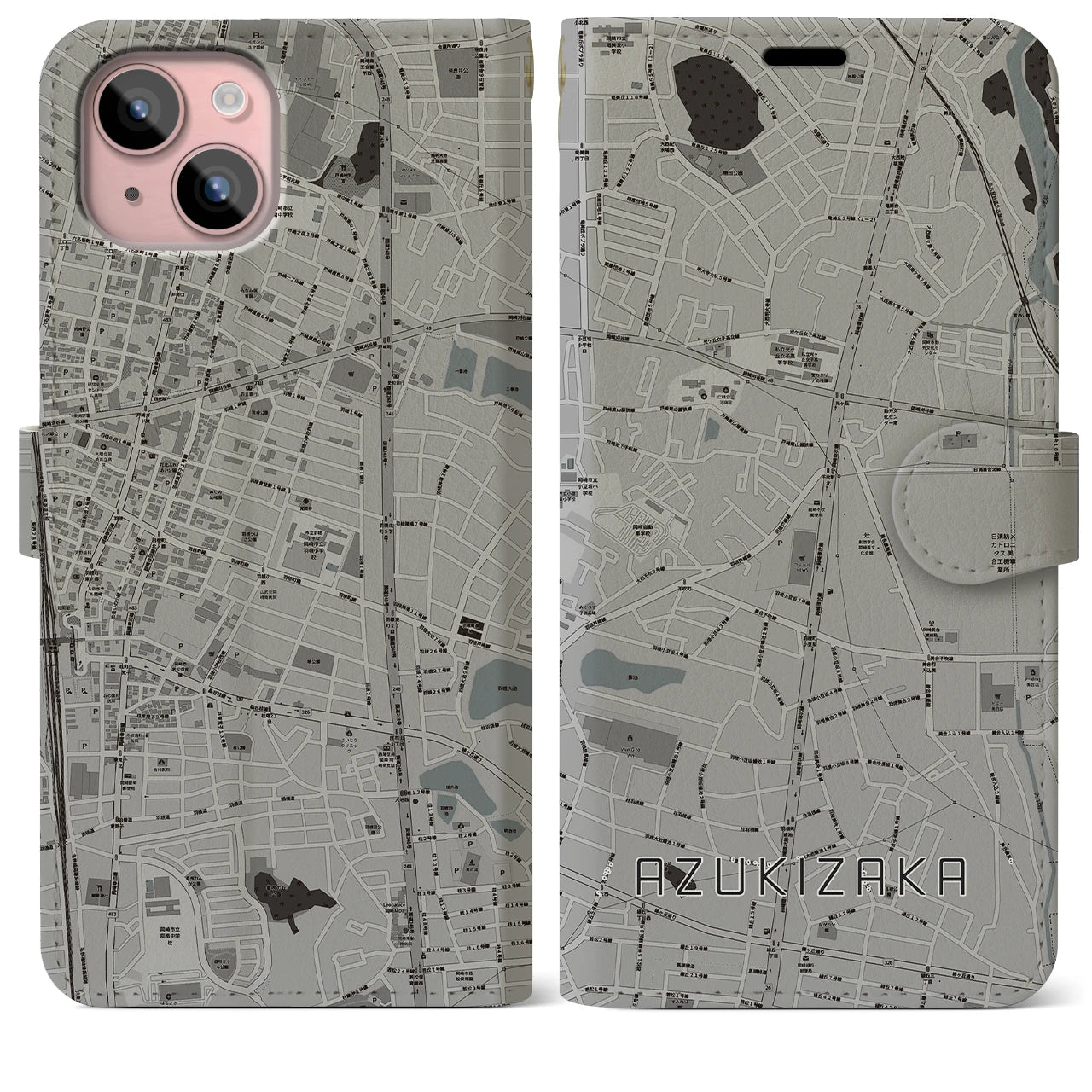 【小豆坂(愛知県)】地図柄iPhoneケース(手帳タイプ)モノトーン・iPhone 15 Plus 用