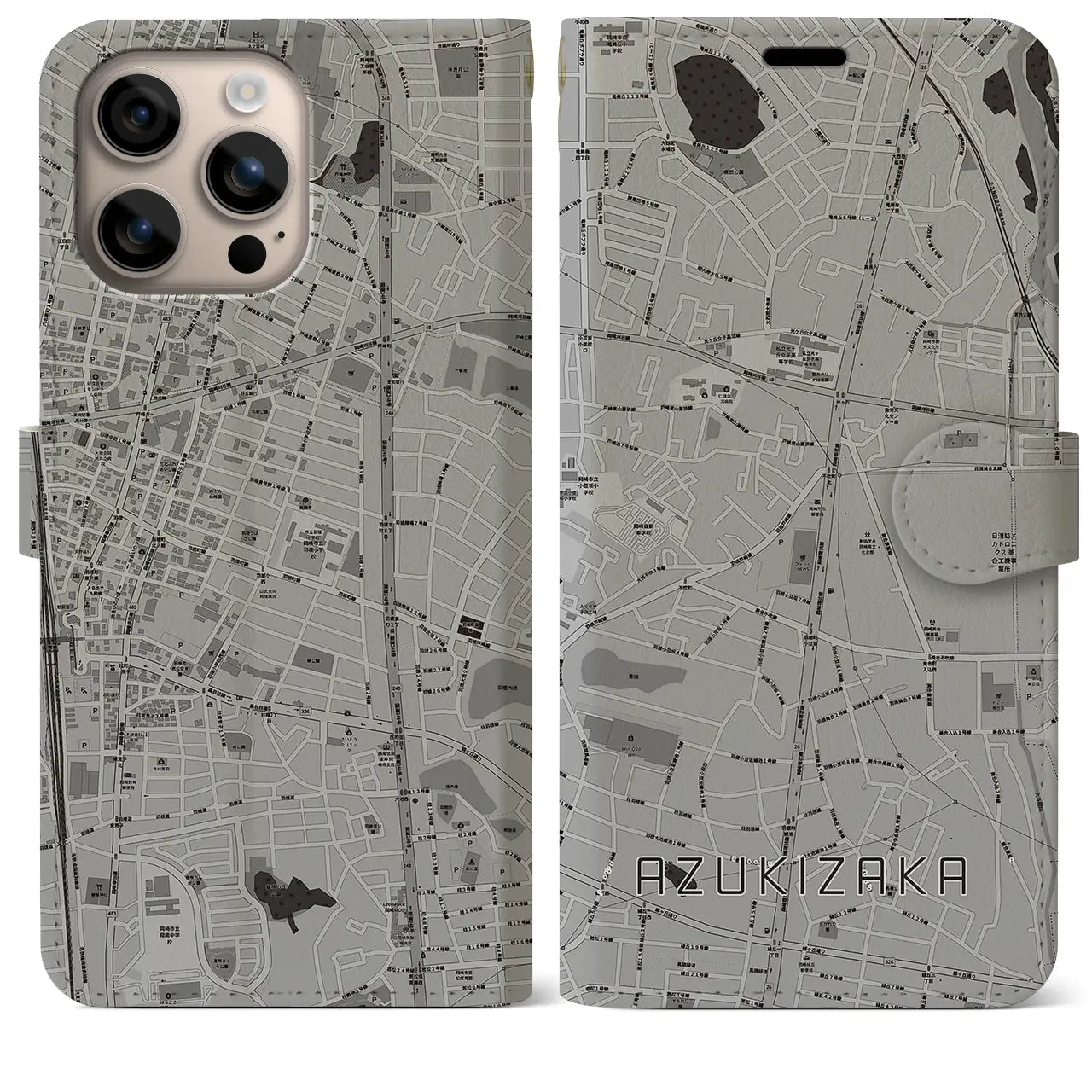 【小豆坂(愛知県)】地図柄iPhoneケース(手帳タイプ)モノトーン・iPhone 16 Plus 用