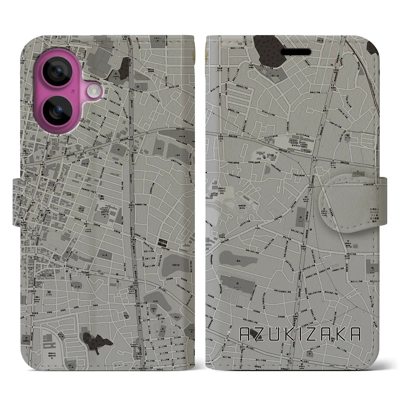 【小豆坂(愛知県)】地図柄iPhoneケース(手帳タイプ)モノトーン・iPhone 16 Pro 用