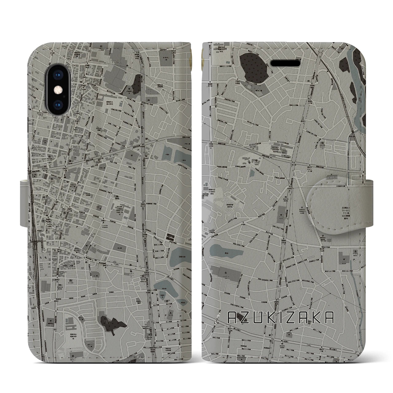 【小豆坂(愛知県)】地図柄iPhoneケース(手帳タイプ)モノトーン・iPhone XS / X 用