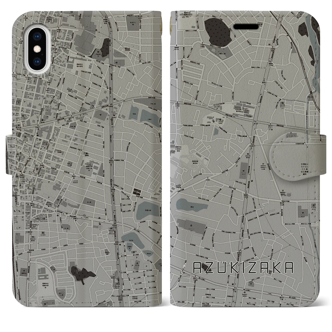 【小豆坂(愛知県)】地図柄iPhoneケース(手帳タイプ)モノトーン・iPhone XS Max 用