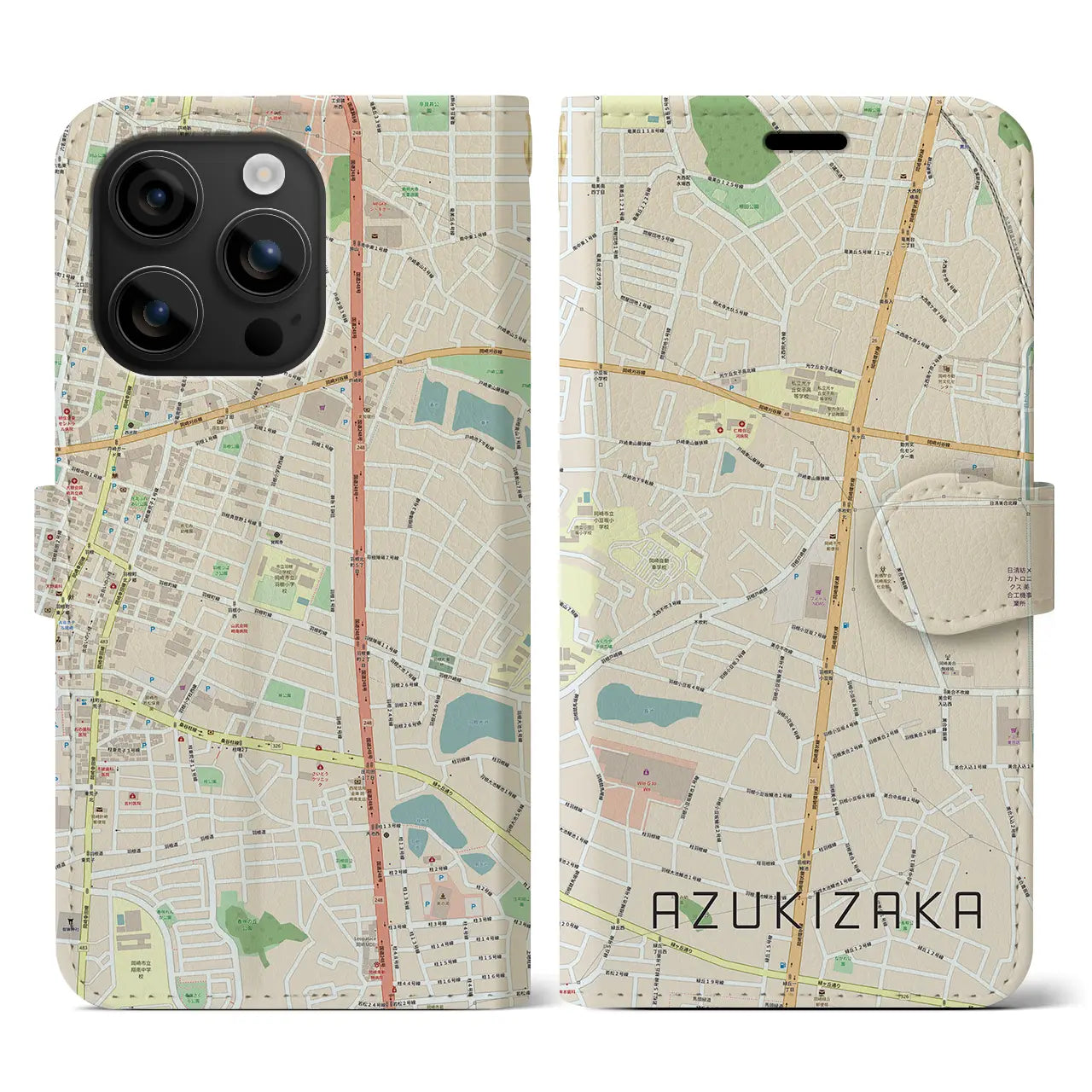 【小豆坂(愛知県)】地図柄iPhoneケース(手帳タイプ)ナチュラル・iPhone 16 用