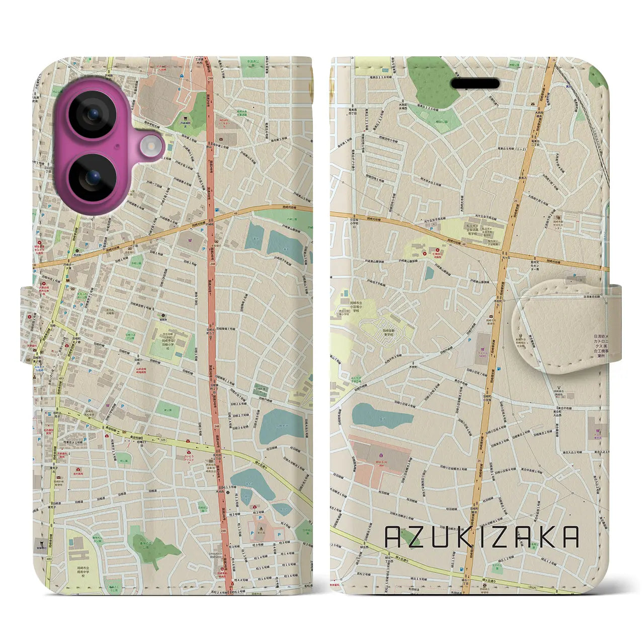 【小豆坂(愛知県)】地図柄iPhoneケース(手帳タイプ)ナチュラル・iPhone 16 Pro 用