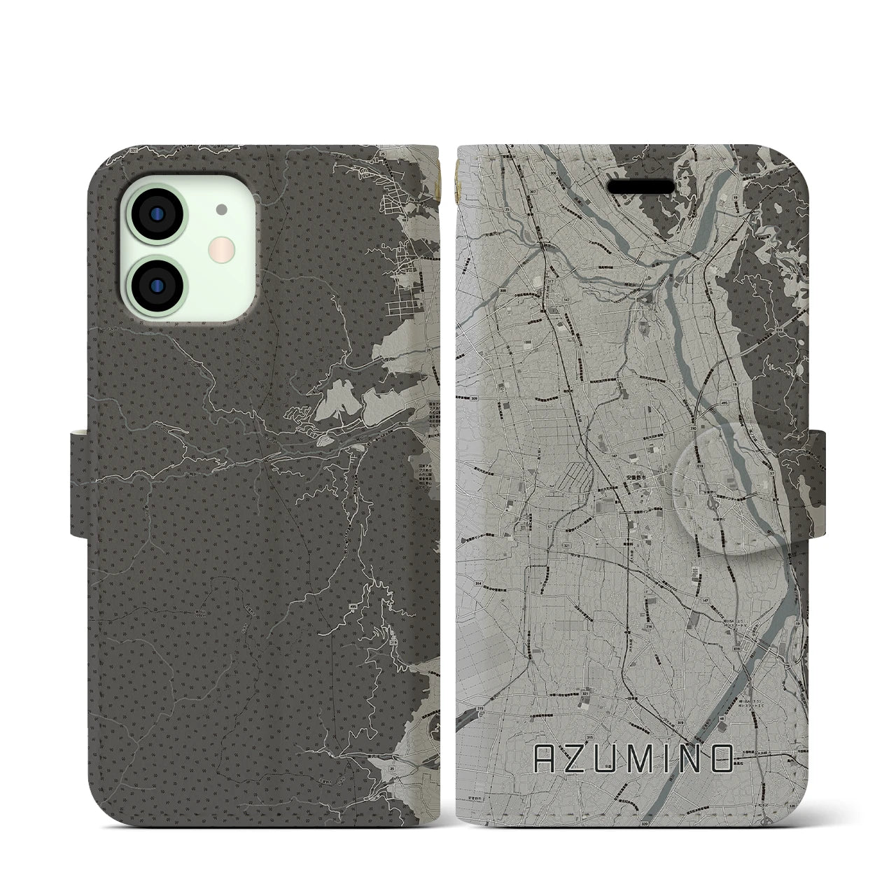 【安曇野(長野県)】地図柄iPhoneケース(手帳タイプ)モノトーン・iPhone 12 mini 用