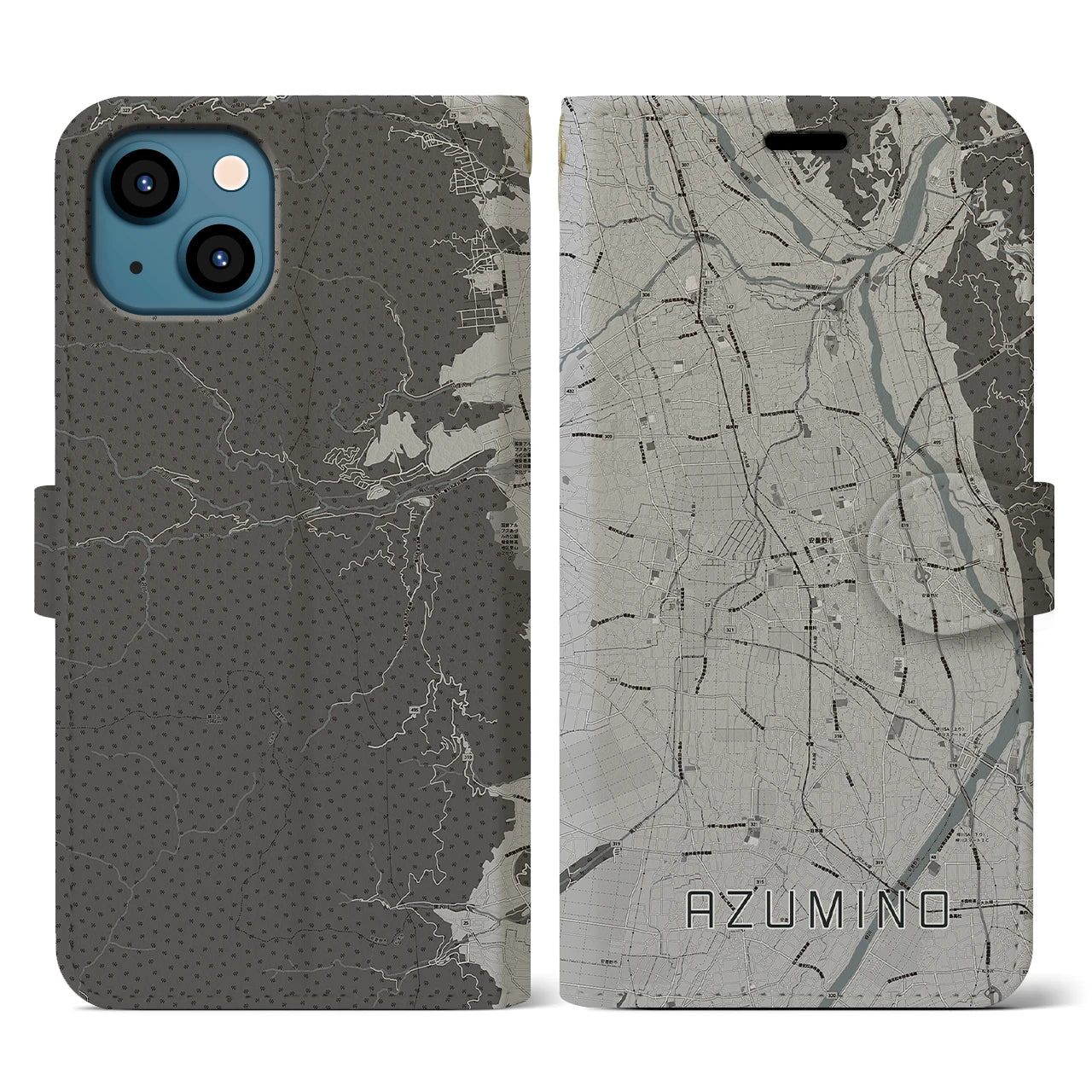 【安曇野(長野県)】地図柄iPhoneケース(手帳タイプ)モノトーン・iPhone 13 用
