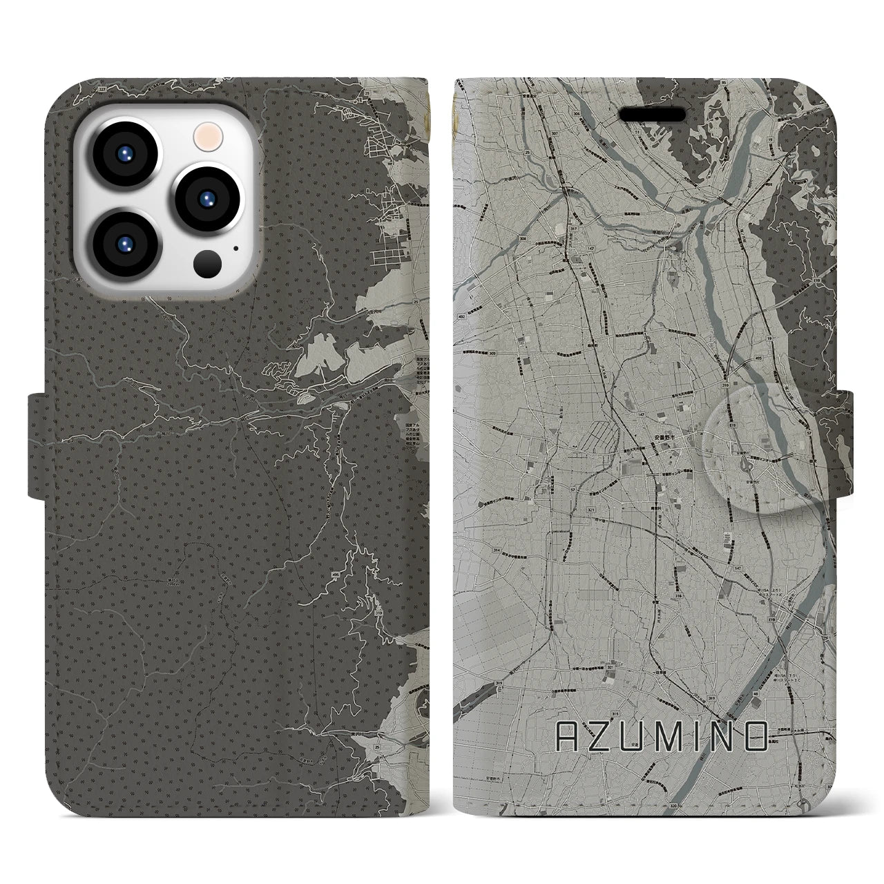 【安曇野(長野県)】地図柄iPhoneケース(手帳タイプ)モノトーン・iPhone 13 Pro 用