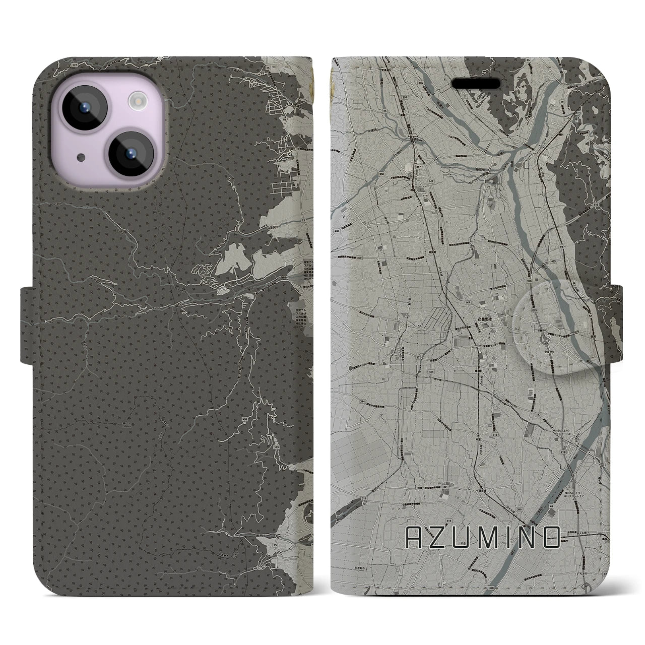 【安曇野(長野県)】地図柄iPhoneケース(手帳タイプ)モノトーン・iPhone 14 用