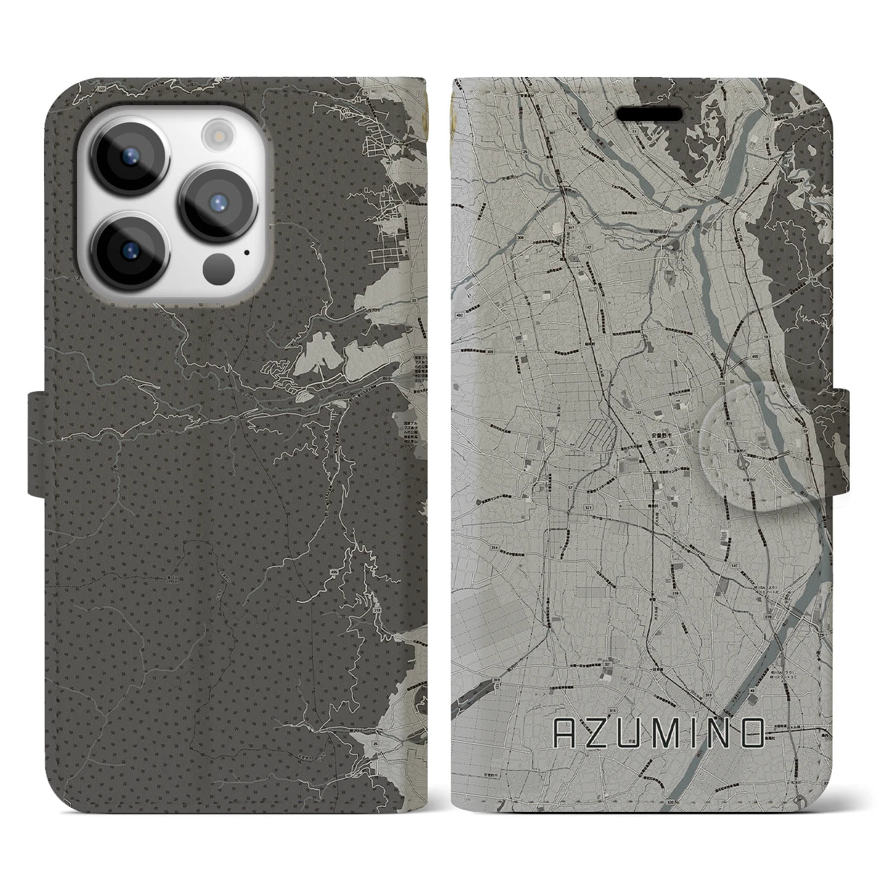 【安曇野(長野県)】地図柄iPhoneケース(手帳タイプ)モノトーン・iPhone 14 Pro 用