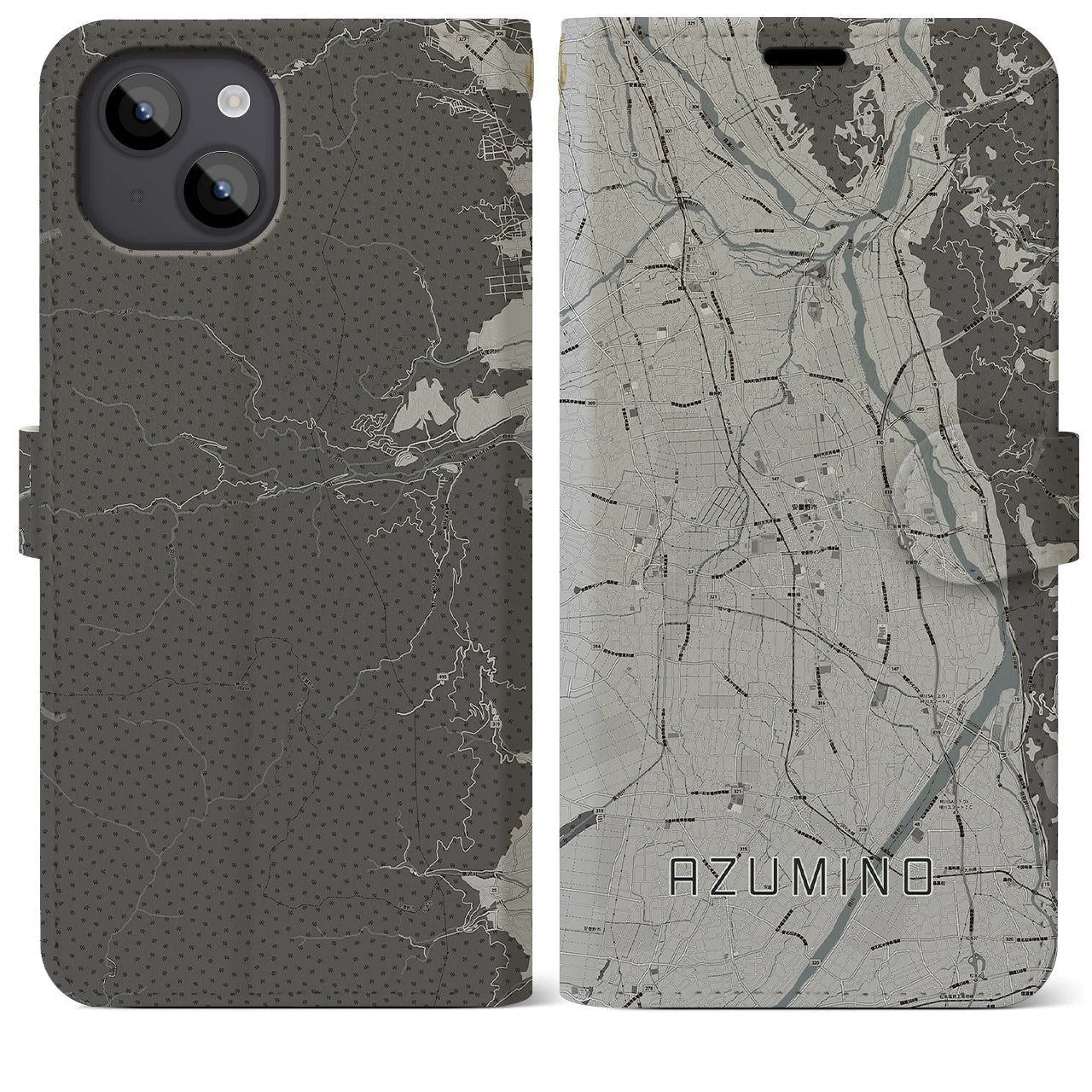 【安曇野(長野県)】地図柄iPhoneケース(手帳タイプ)モノトーン・iPhone 14 Plus 用