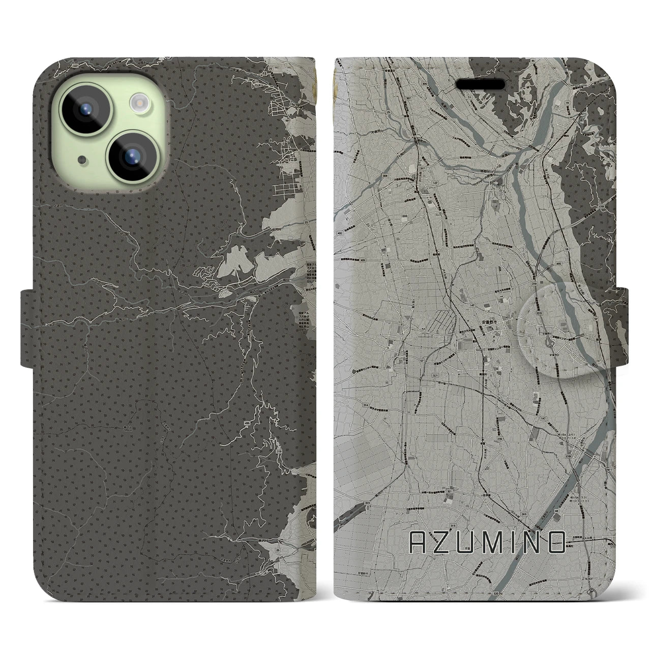 【安曇野(長野県)】地図柄iPhoneケース(手帳タイプ)モノトーン・iPhone 15 用