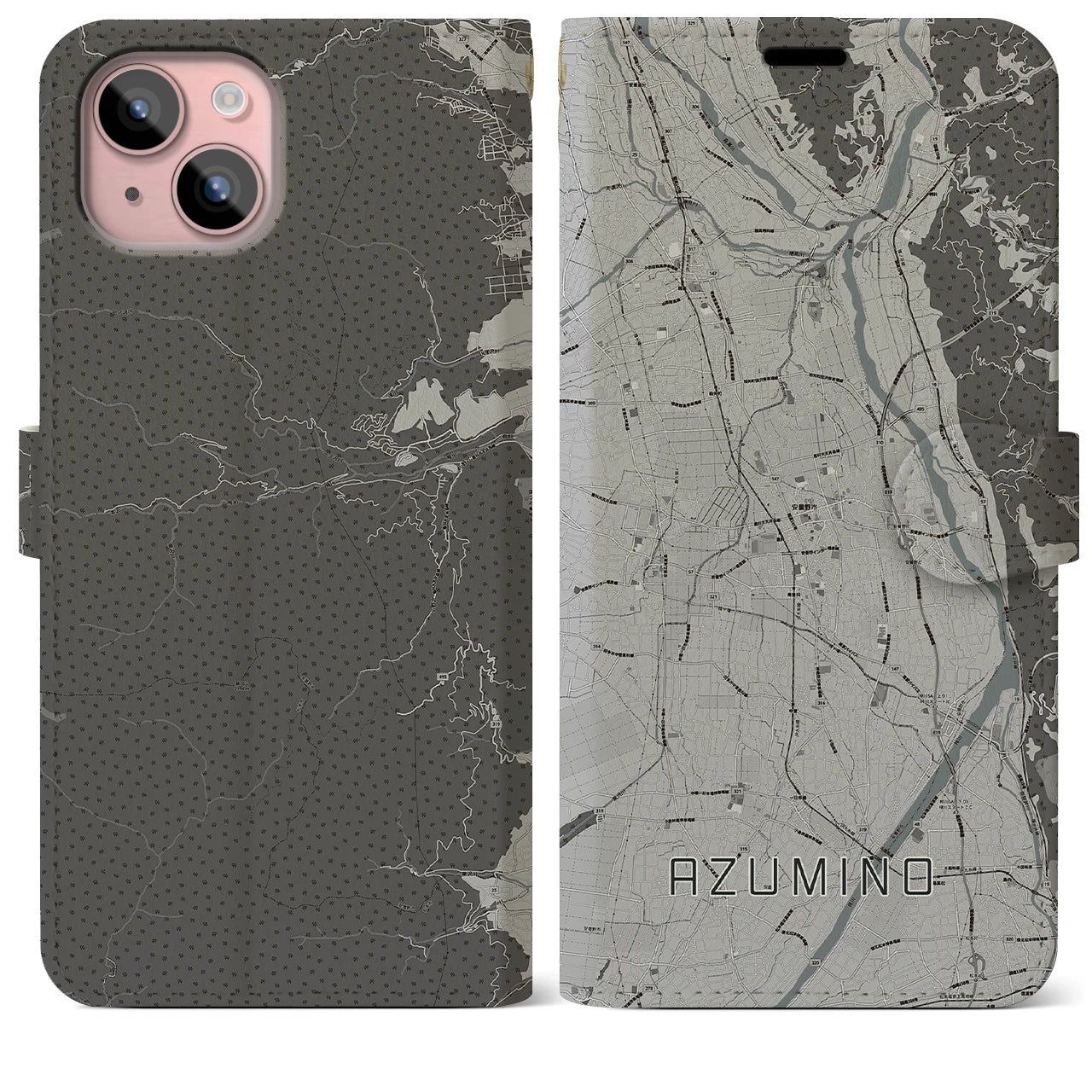 【安曇野(長野県)】地図柄iPhoneケース(手帳タイプ)モノトーン・iPhone 15 Plus 用