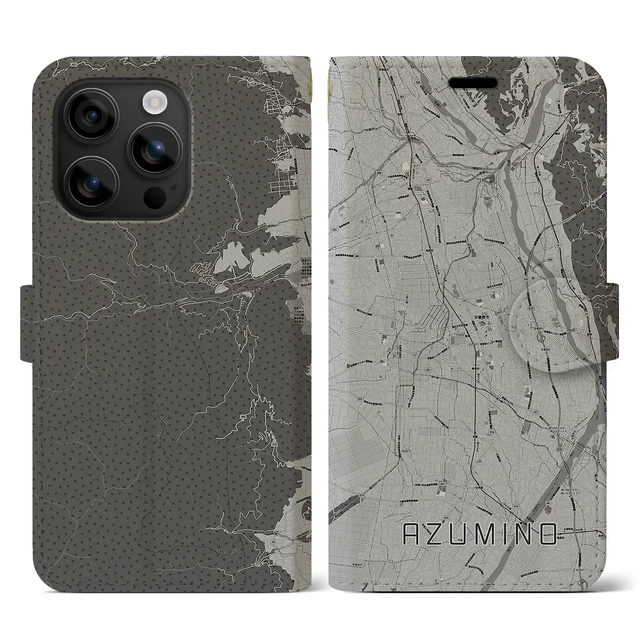 【安曇野(長野県)】地図柄iPhoneケース(手帳タイプ)モノトーン・iPhone 16 用