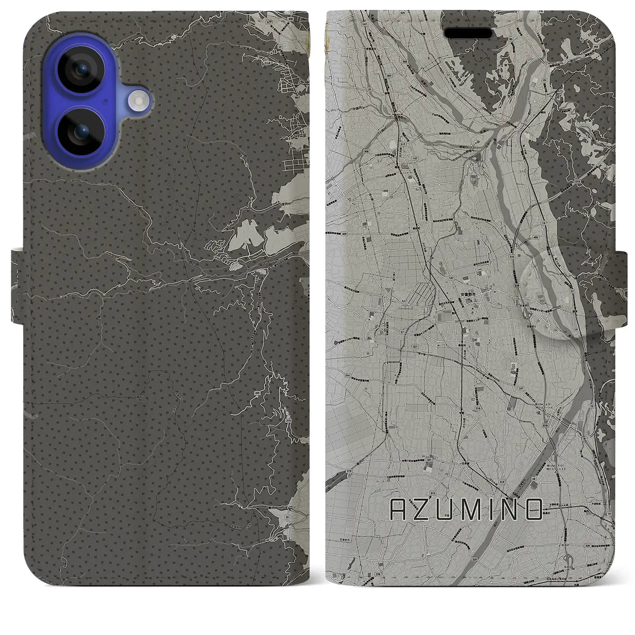 【安曇野(長野県)】地図柄iPhoneケース(手帳タイプ)モノトーン・iPhone 16 Pro Max 用