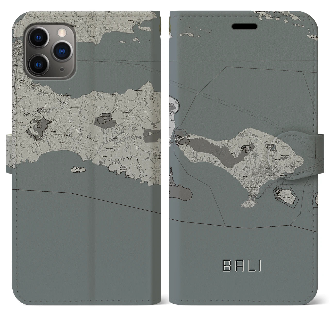【バリ(インドネシア)】地図柄iPhoneケース(手帳タイプ)モノトーン・iPhone 11 Pro Max 用