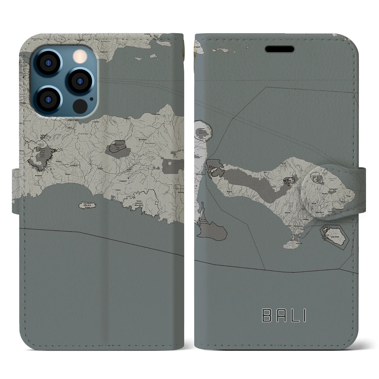 【バリ(インドネシア)】地図柄iPhoneケース(手帳タイプ)モノトーン・iPhone 12 / 12 Pro 用
