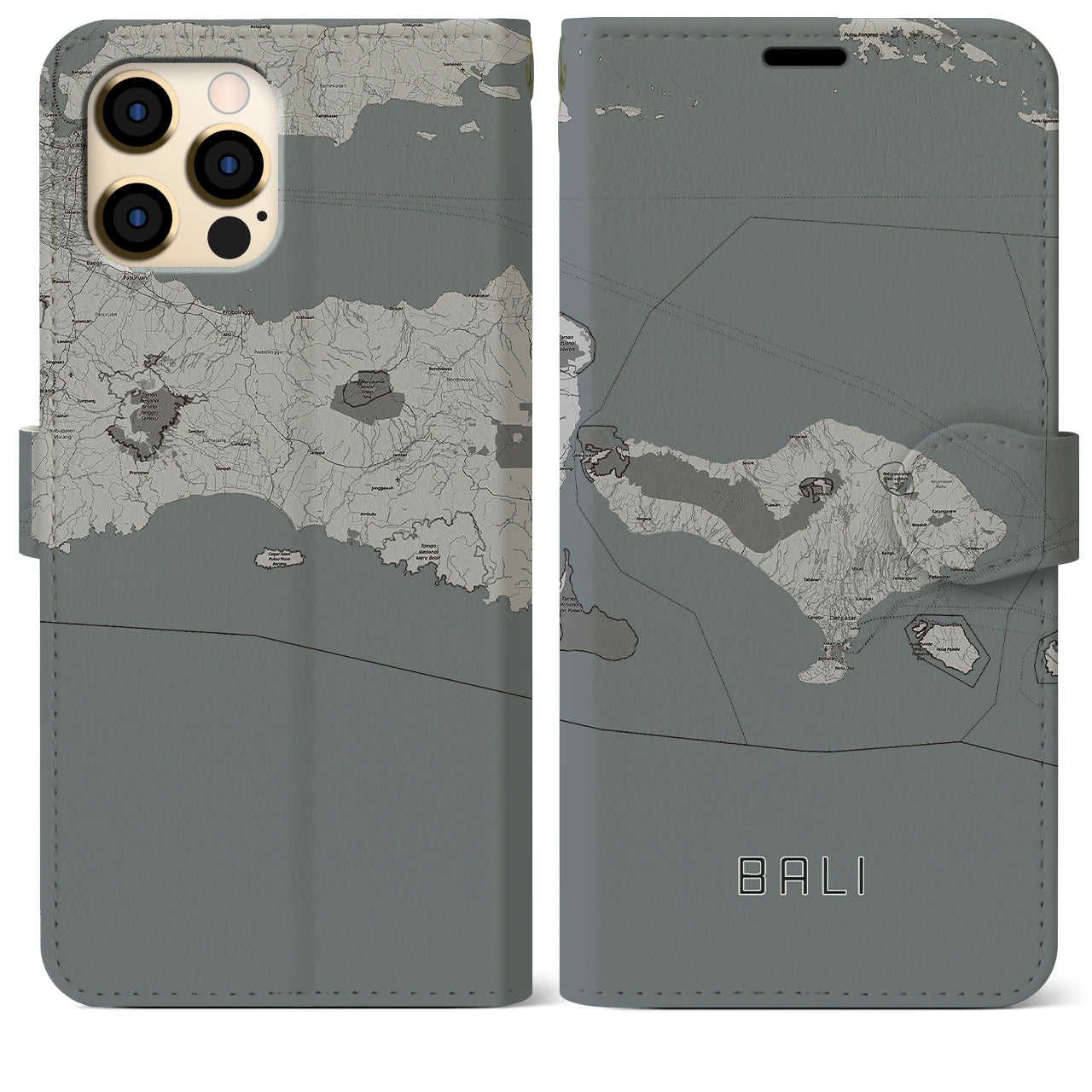 【バリ(インドネシア)】地図柄iPhoneケース(手帳タイプ)モノトーン・iPhone 12 Pro Max 用