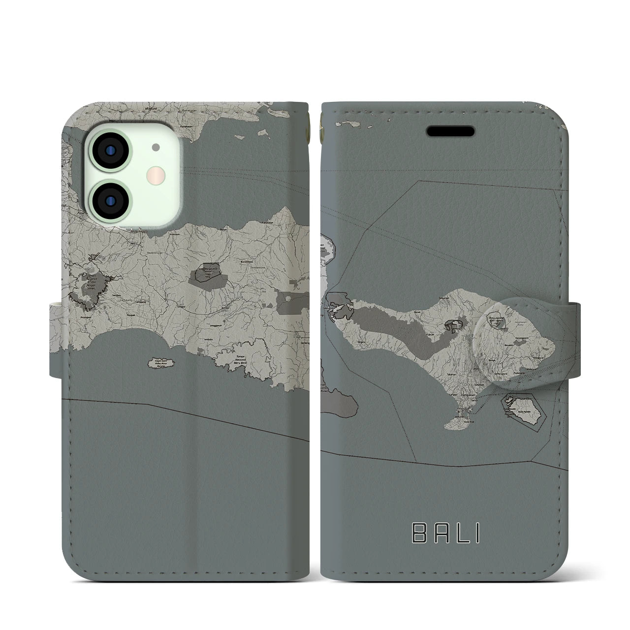 【バリ(インドネシア)】地図柄iPhoneケース(手帳タイプ)モノトーン・iPhone 12 mini 用