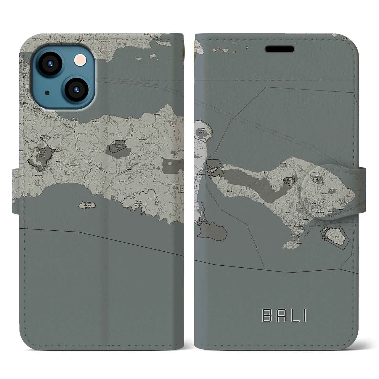 【バリ(インドネシア)】地図柄iPhoneケース(手帳タイプ)モノトーン・iPhone 13 用