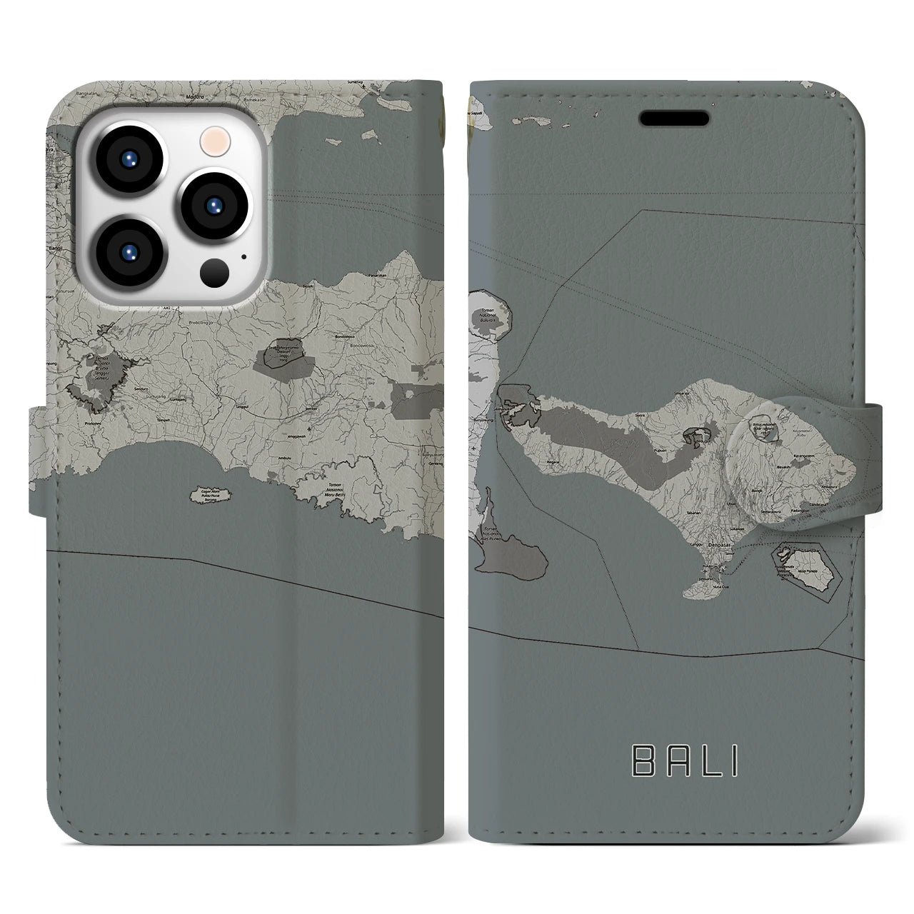 【バリ(インドネシア)】地図柄iPhoneケース(手帳タイプ)モノトーン・iPhone 13 Pro 用