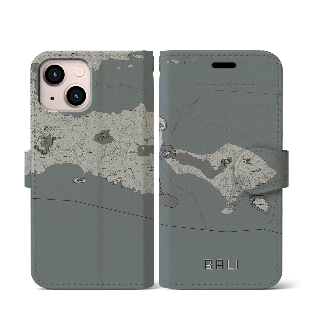 【バリ(インドネシア)】地図柄iPhoneケース(手帳タイプ)モノトーン・iPhone 13 mini 用