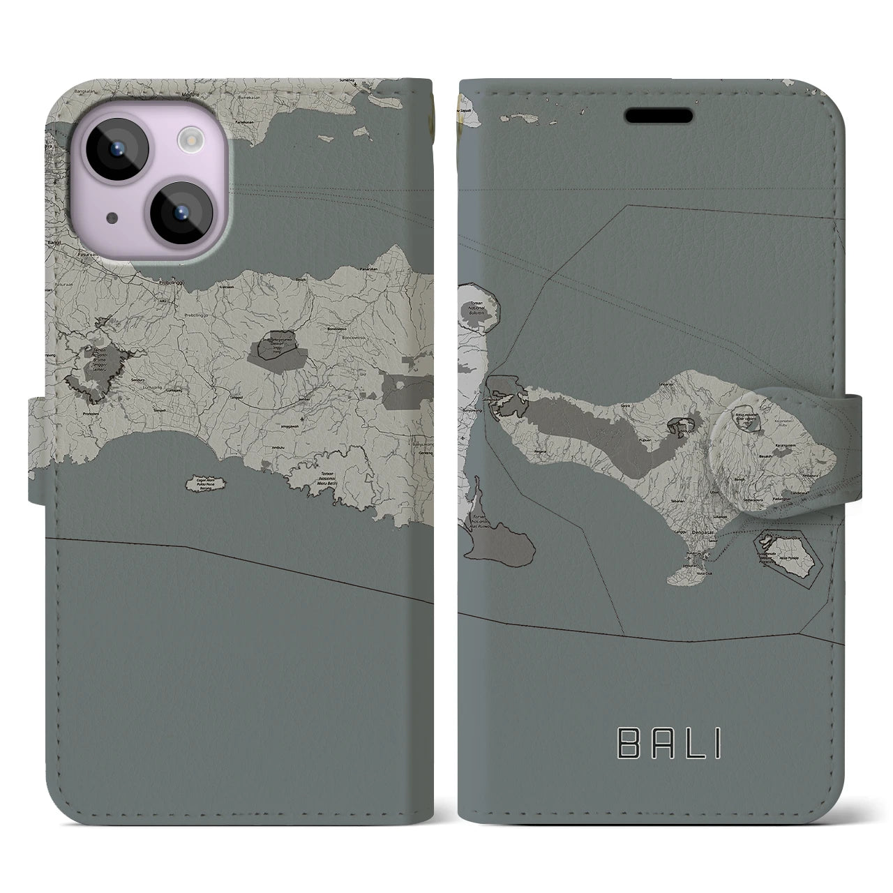 【バリ(インドネシア)】地図柄iPhoneケース(手帳タイプ)モノトーン・iPhone 14 用