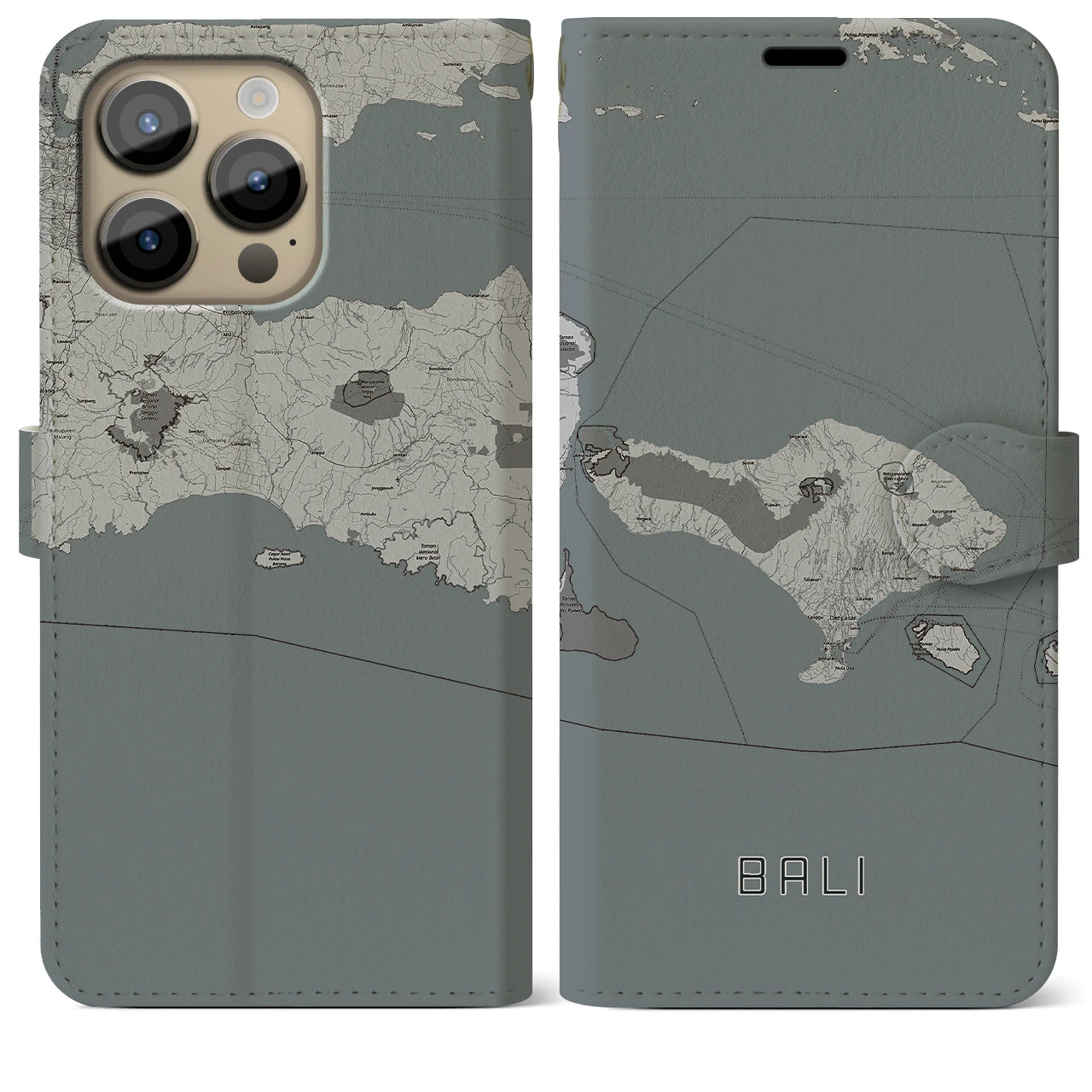 【バリ(インドネシア)】地図柄iPhoneケース(手帳タイプ)モノトーン・iPhone 14 Pro Max 用