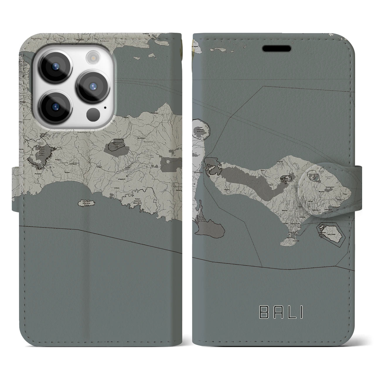 【バリ(インドネシア)】地図柄iPhoneケース(手帳タイプ)モノトーン・iPhone 14 Pro 用