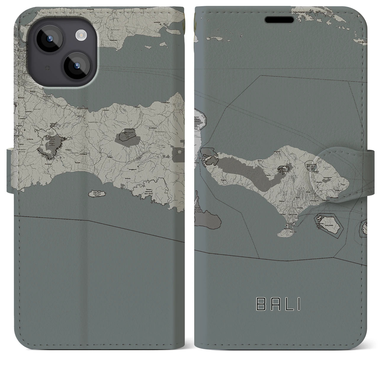 【バリ(インドネシア)】地図柄iPhoneケース(手帳タイプ)モノトーン・iPhone 14 Plus 用