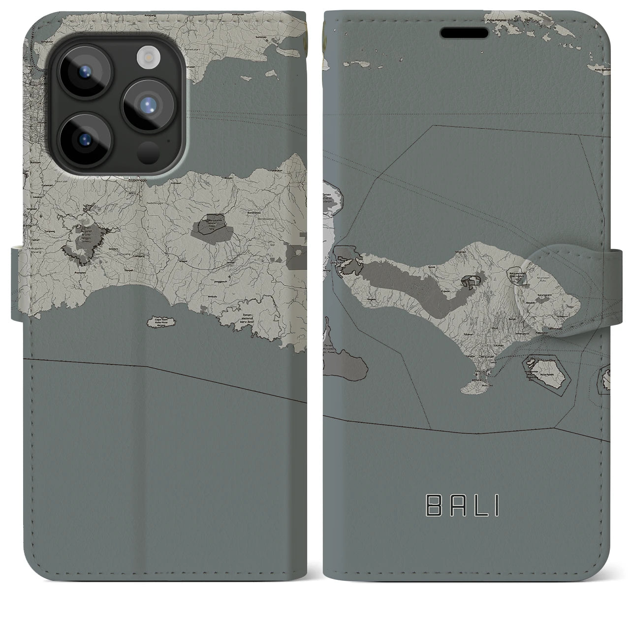 【バリ(インドネシア)】地図柄iPhoneケース(手帳タイプ)モノトーン・iPhone 15 Pro Max 用