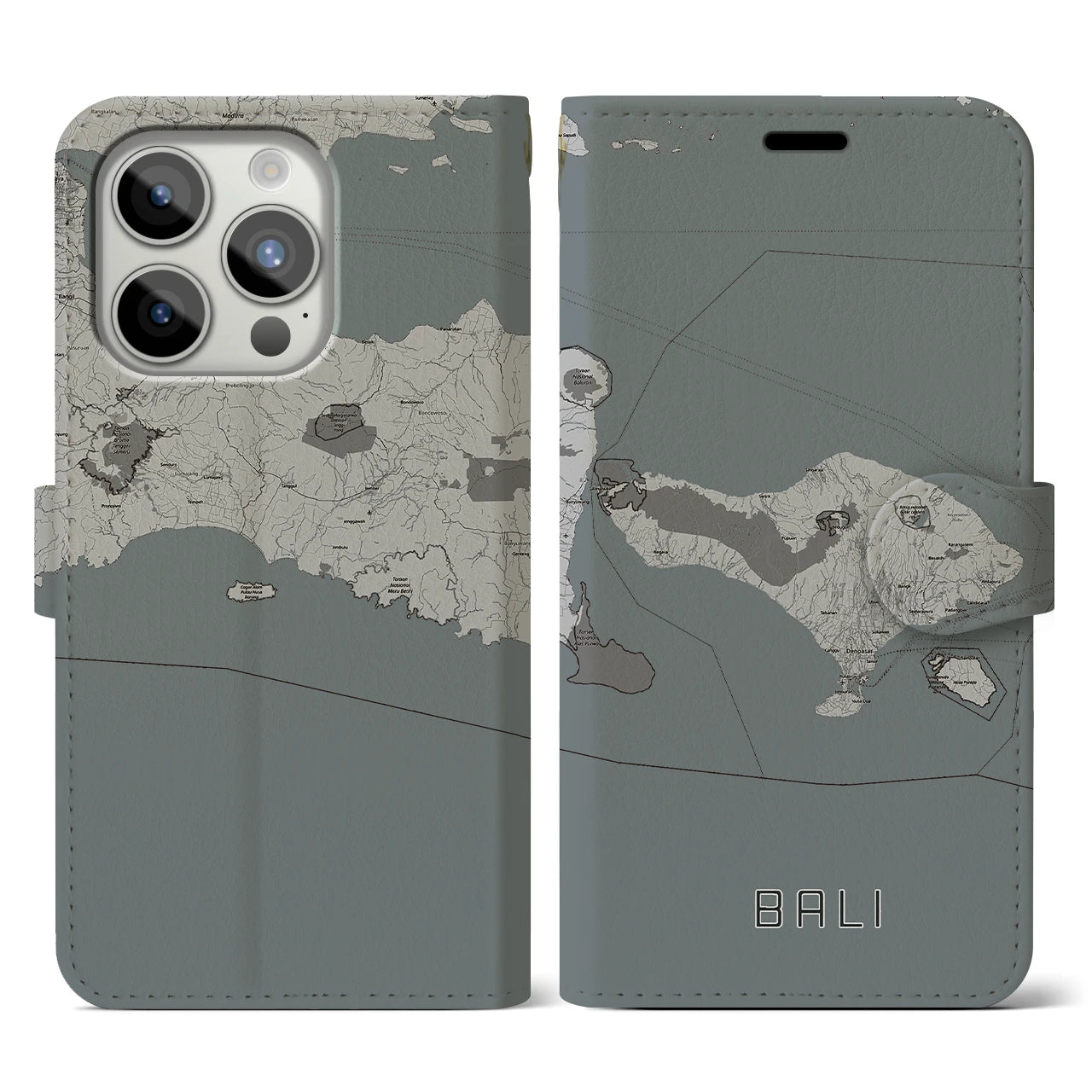 【バリ(インドネシア)】地図柄iPhoneケース(手帳タイプ)モノトーン・iPhone 15 Pro 用