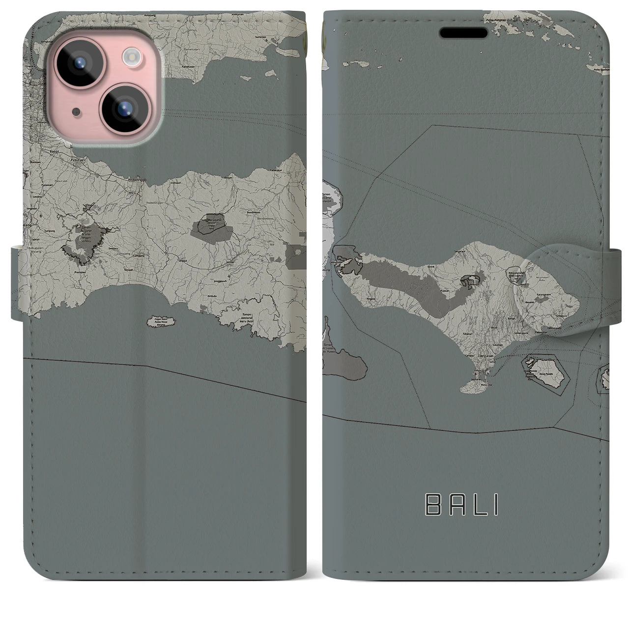 【バリ(インドネシア)】地図柄iPhoneケース(手帳タイプ)モノトーン・iPhone 15 Plus 用