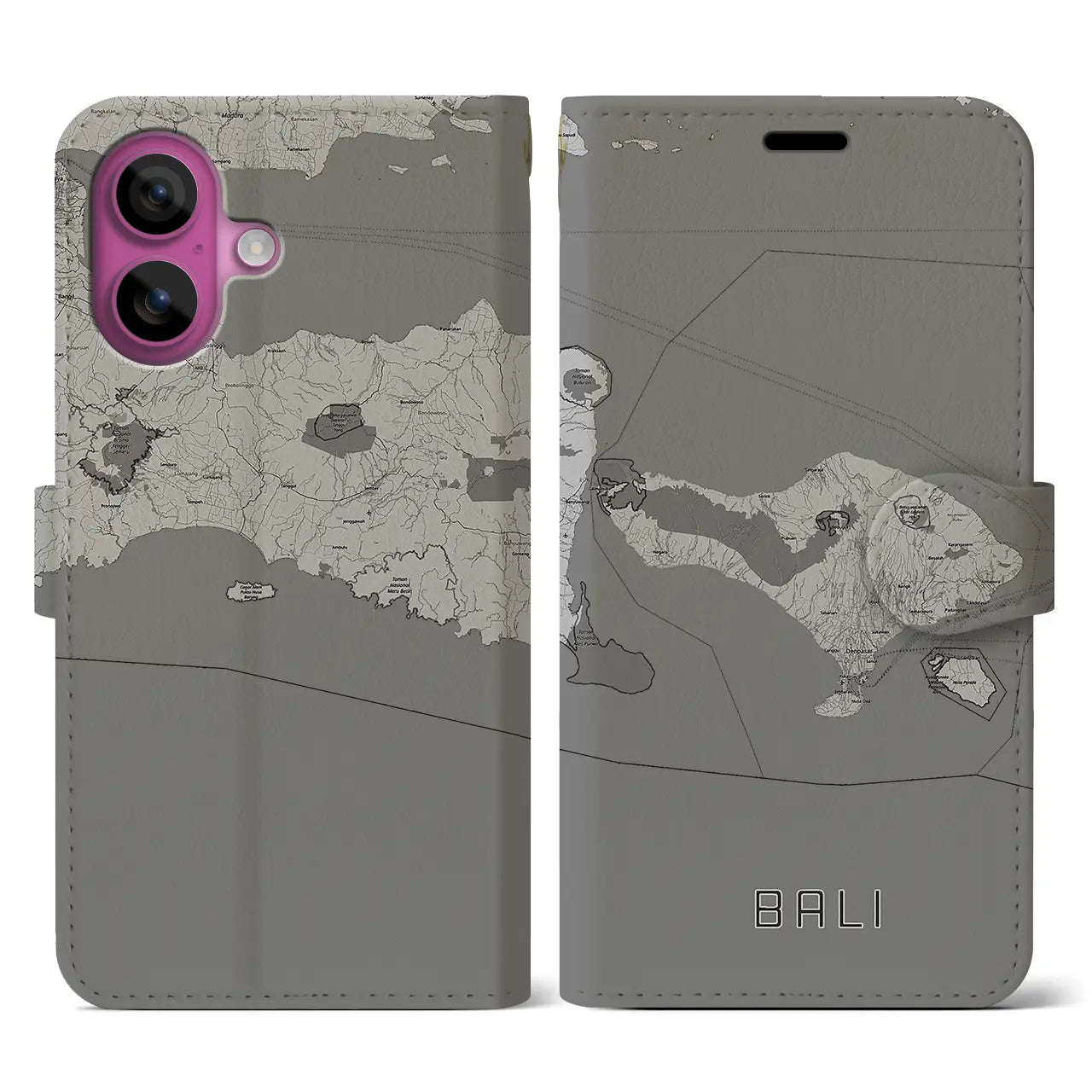 【バリ(インドネシア)】地図柄iPhoneケース(手帳タイプ)モノトーン・iPhone 16 Pro 用
