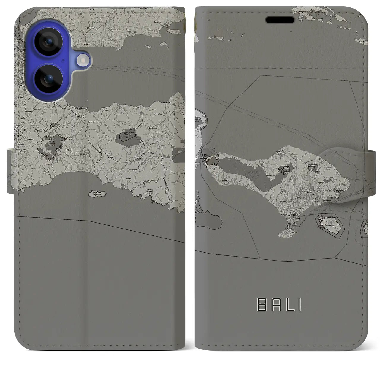 【バリ(インドネシア)】地図柄iPhoneケース(手帳タイプ)モノトーン・iPhone 16 Pro Max 用