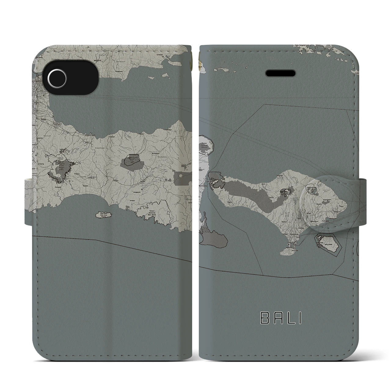 【バリ(インドネシア)】地図柄iPhoneケース(手帳タイプ)モノトーン・iPhone SE(第3 / 第2世代) / 8 / 7 / 6s / 6 用