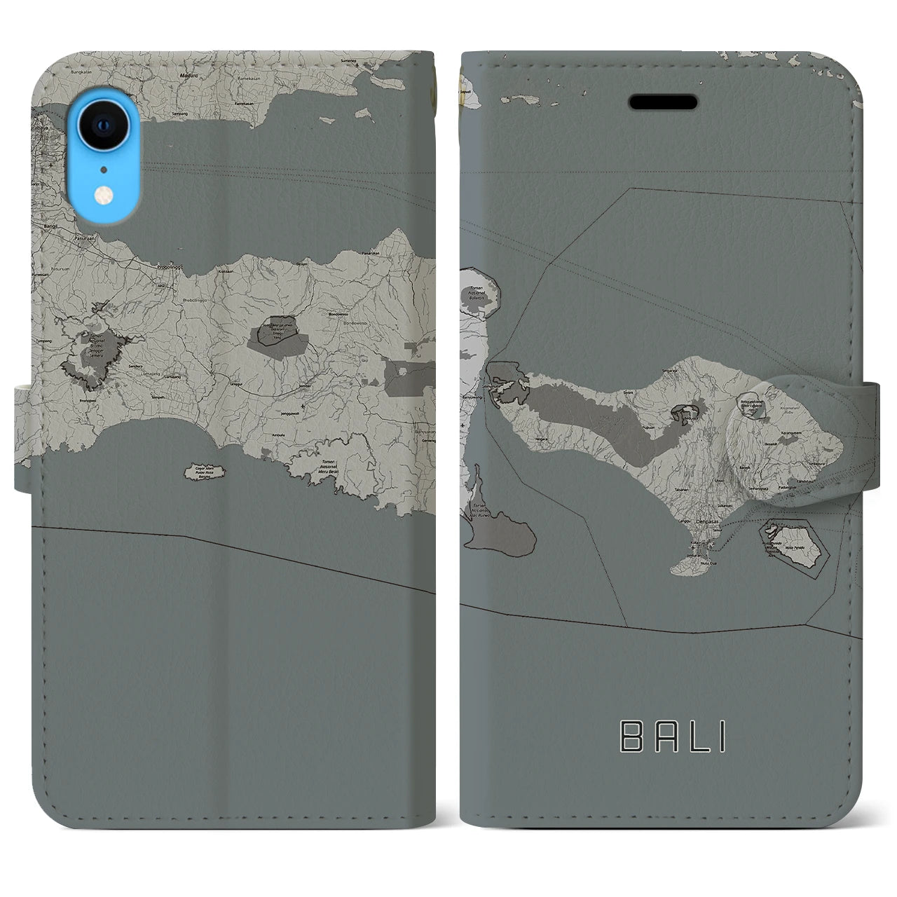 【バリ(インドネシア)】地図柄iPhoneケース(手帳タイプ)モノトーン・iPhone XR 用
