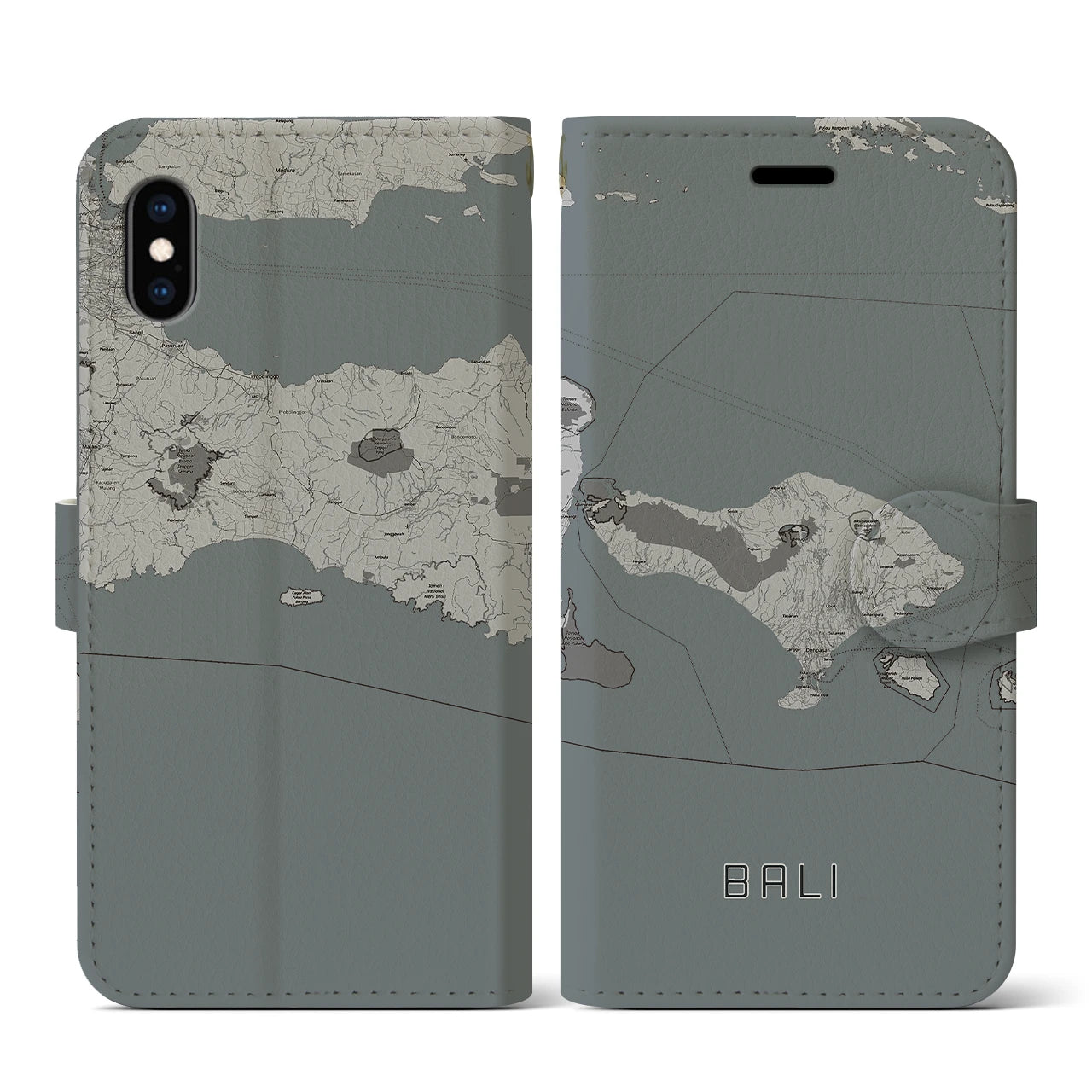 【バリ(インドネシア)】地図柄iPhoneケース(手帳タイプ)モノトーン・iPhone XS / X 用