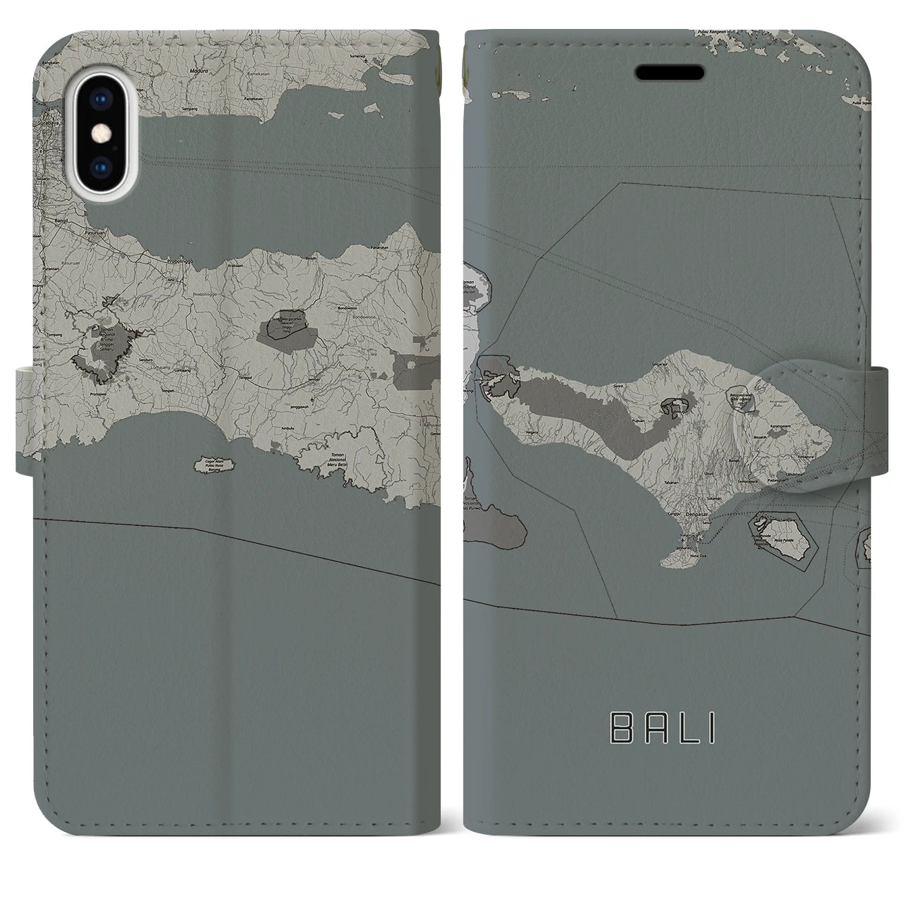 【バリ(インドネシア)】地図柄iPhoneケース(手帳タイプ)モノトーン・iPhone XS Max 用