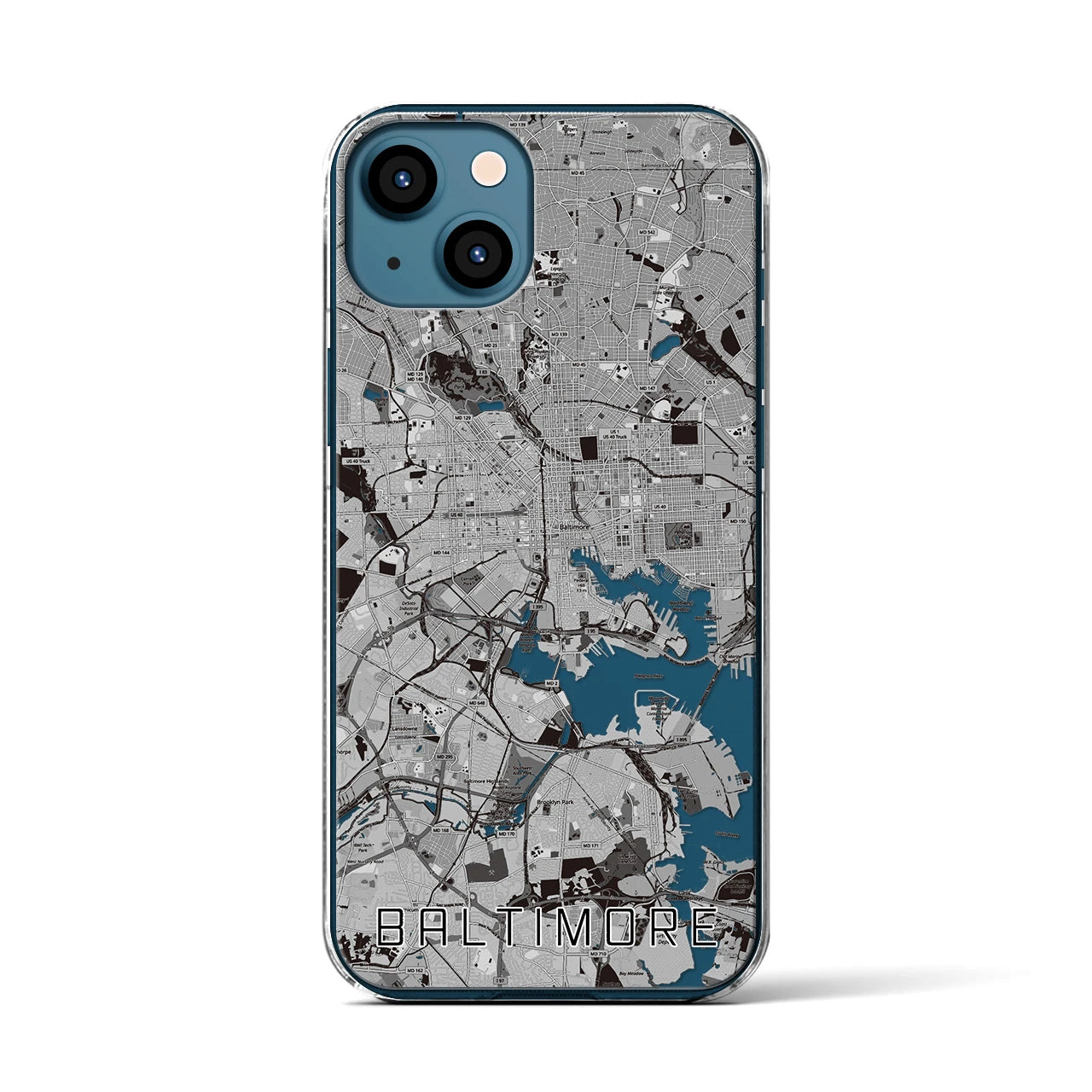 【ボルチモア(アメリカ)】地図柄iPhoneケース(クリアタイプ)モノトーン・iPhone 13 用