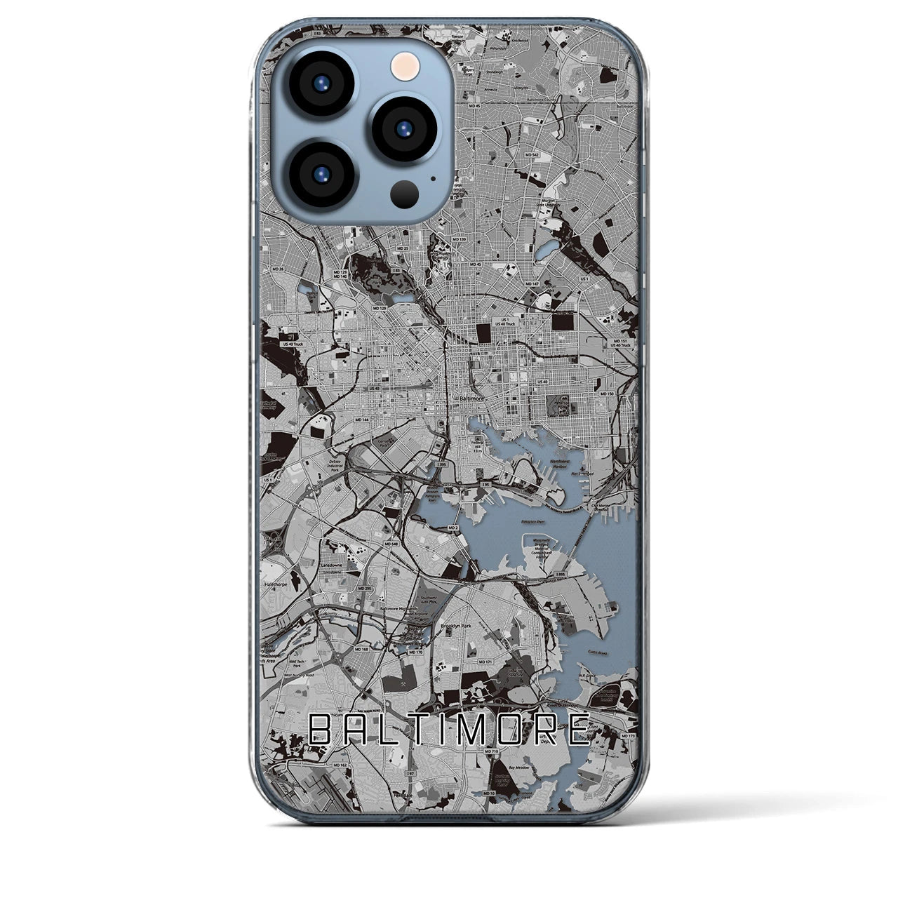 【ボルチモア(アメリカ)】地図柄iPhoneケース(クリアタイプ)モノトーン・iPhone 13 Pro Max 用