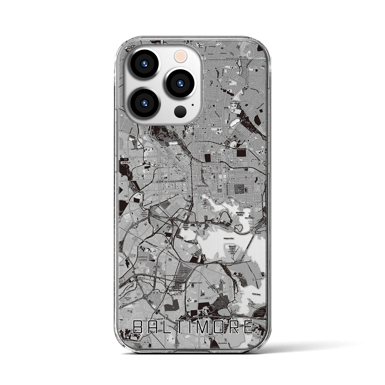 【ボルチモア(アメリカ)】地図柄iPhoneケース(クリアタイプ)モノトーン・iPhone 13 Pro 用