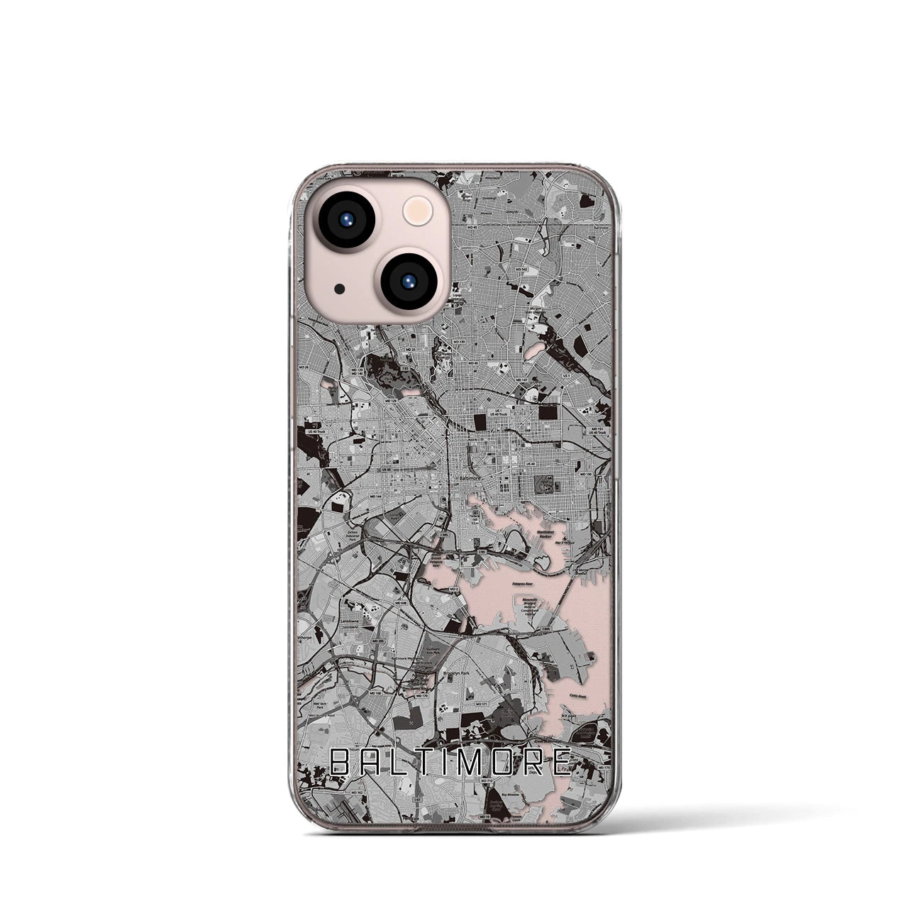 【ボルチモア(アメリカ)】地図柄iPhoneケース(クリアタイプ)モノトーン・iPhone 13 mini 用