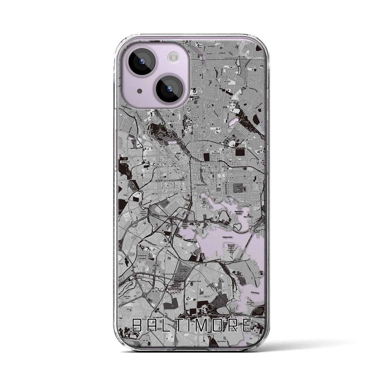 【ボルチモア(アメリカ)】地図柄iPhoneケース(クリアタイプ)モノトーン・iPhone 14 用