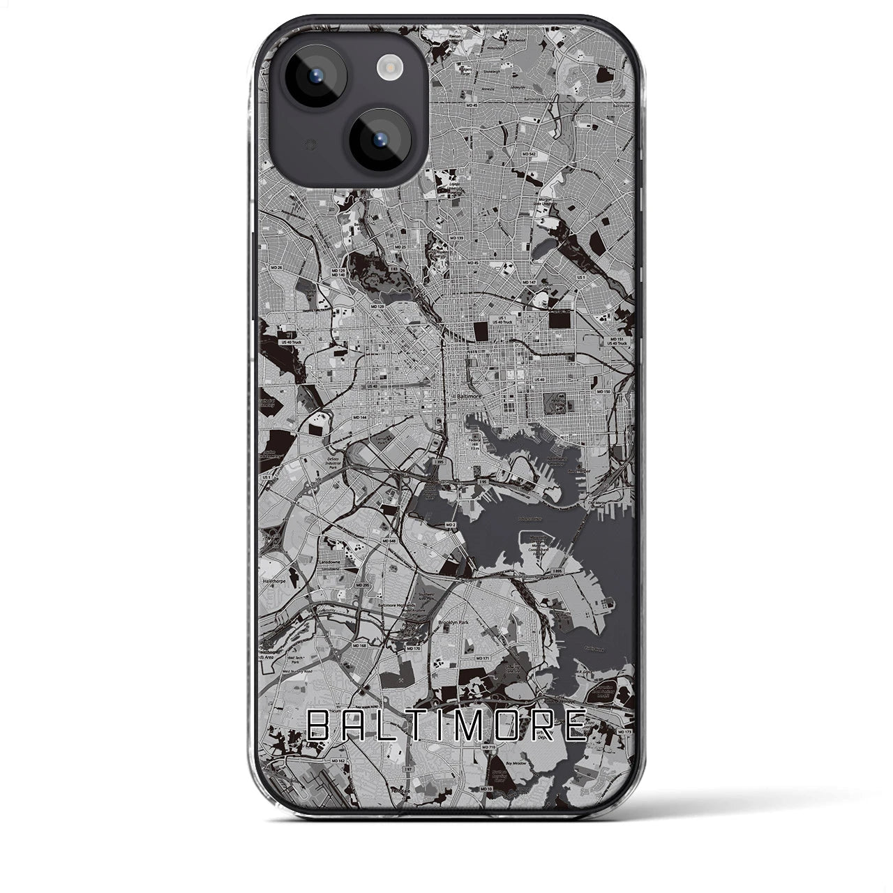 【ボルチモア(アメリカ)】地図柄iPhoneケース(クリアタイプ)モノトーン・iPhone 14 Plus 用